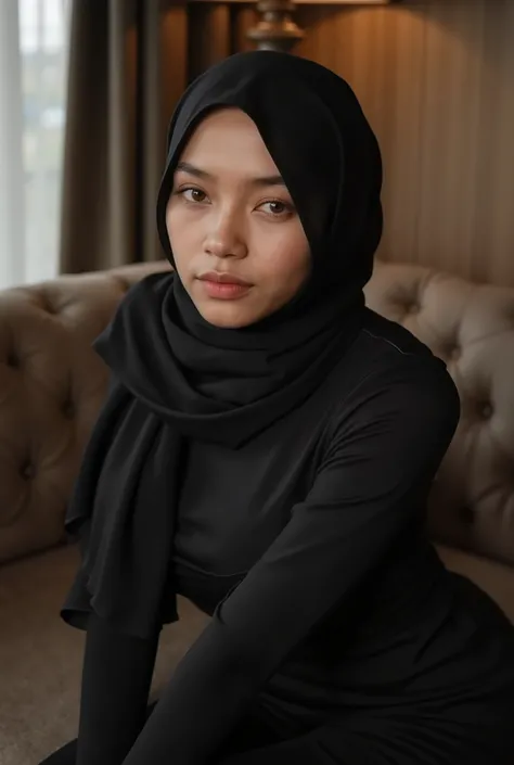 malaysian lady 18 years old, ((hijab)) wear hijab, natural, no make up, detailed on face, tight dress, very tight dress, realistic photo, serious face, model, hotel room, full body, big breast, hijab, sitting on sofa, ultra big breast, exotic skin, potrait...
