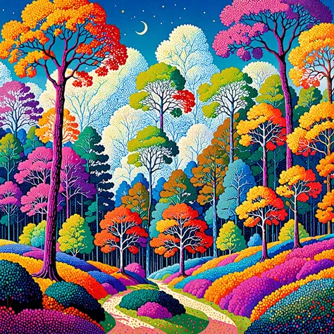 Masterpiece, best composition, highest quality, mobile phone wallpaper, pointillism,a painting of a colorful forest with trees and a sky background, colorful trees, full of colour w 1024, colorful otherworldly trees, full of colour 8-w 1024, full of colour...