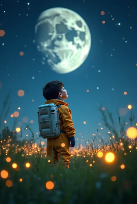 Create an image as if the image were viewed from the ground to the sky. A boy dressed as an astronaut looking up at the sky with a huge moon. Around the boy a large field of green grass and fireflies illuminated the whole environment 