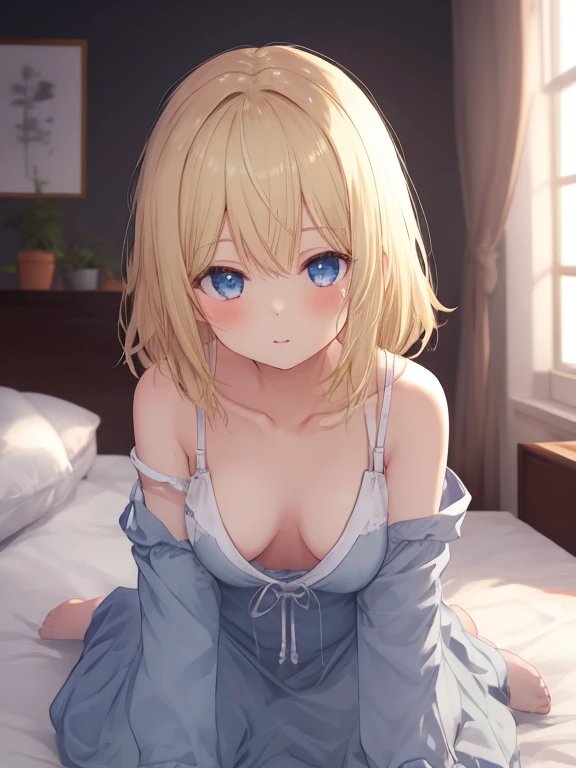 Waking up, Hi-Res, accurate,  blonde, 1 girl,  cute,chest,  forward bending