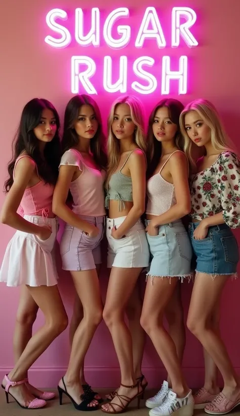 sweet and innocent, , seductive, five member  female girl band, standing next to a poster with Sugar Rush written on it