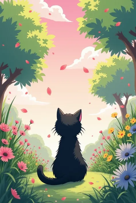 An anime-style background with flowers and trees, Clear day and rosy skies, And a black kitten with its back in the center of the photo 