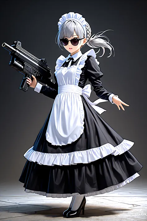 teletamide ,  Grey Hair , hair bow,  gray eyes, ( braided ponytail,  floating hair:1.2),  Black Footwear, ( high heels:1.1), ( Mary Jane :1.5), ( black dress:1.2),  long dress,  brown pantyhose, frills, petticoat, ( maid apron, Long apron:1.5),  maid headd...