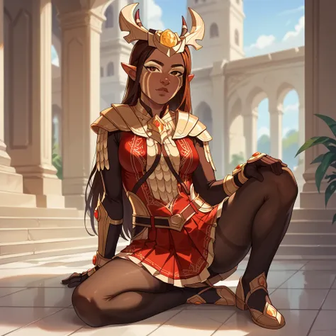 A sexy display of nyx body suit  ,a seductive atmosphere, full_body display, seduction, , revealing outfit, seductive eyes, detailed fa body suit  ,  red , gauntlet  , pantyhose , school skirt ,  half  naked , nyx , the dragon prince 