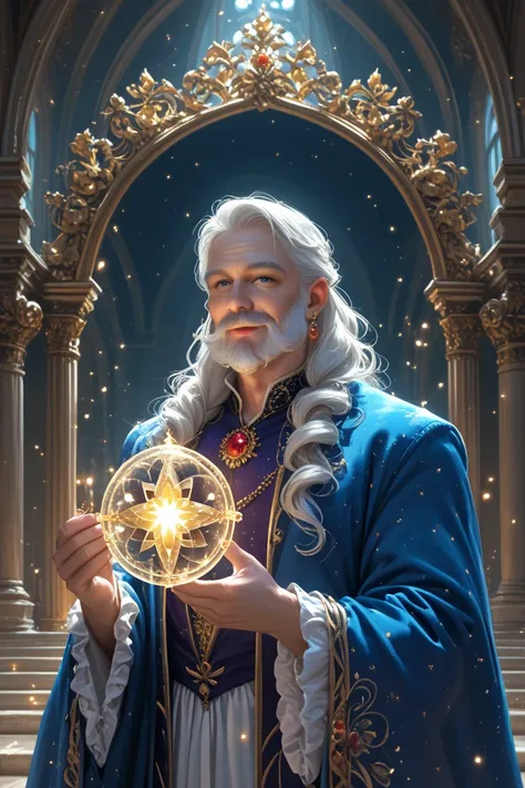 This image is a highly detailed digital painting featuring a majestic, elderly wizard. The wizard has a long, flowing white beard and mustache, and his skin is pale and wrinkled, suggesting advanced age. He is dressed in an elaborate, ornate robe that is p...