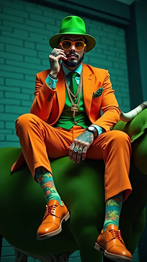 A stylish, confident man sitting on a luxurious green cow, dressed in an eccentric yet elegant orange pinstripe suit with a green vest and tie. His hat is green, and he wears striking orange-green sunglasses. He has a well-groomed mustache and beard, along...