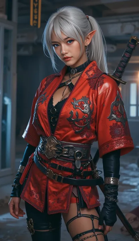 Genuine、 rating safety 、 high resolution images、 Masterpiece、最 high quality、 high quality、 very detailed、More Information、 Sharp Details 、Photograph the whole body、Female Elf Ninja、 with silver hair tied together at a high position、Ninja costume that looks...