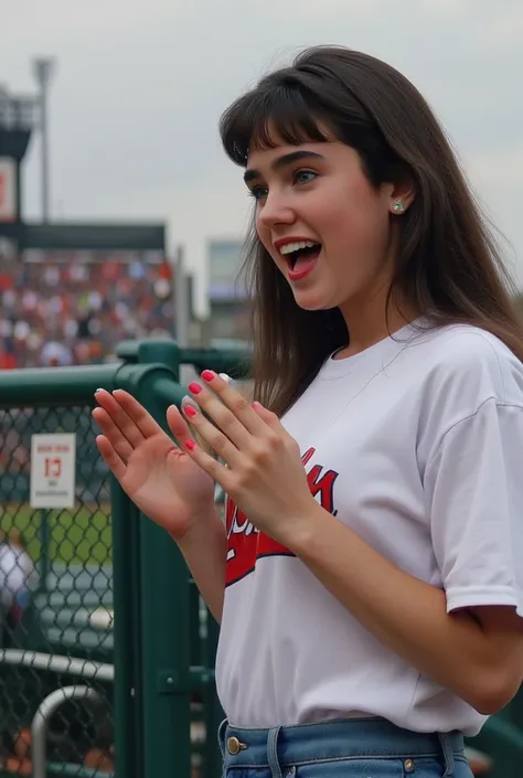   adorable cute girl Jennifer Connelly   、   I enjoy watching and cheering for baseball in the audience seats at the infield stand at the baseball stadium.  
   I'm jumping screaming with joy。
At age 15    ,I'm wearing a girly t-shirt and denim 、The sweat ...