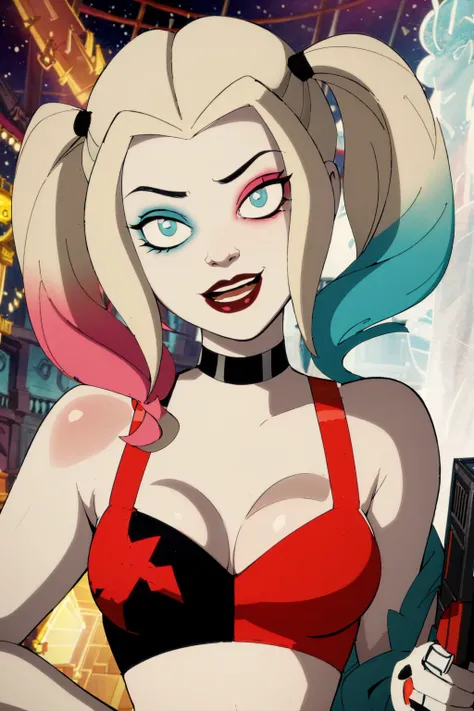 (8k uhd, masterpiece, best quality, high quality, absurdres, ultra-detailed), 1girl,  ((perfect eyes)), vivid colors, intense colors, cartoon style, harleyquinn, large breasts, cleavage, ((happy expression:1))