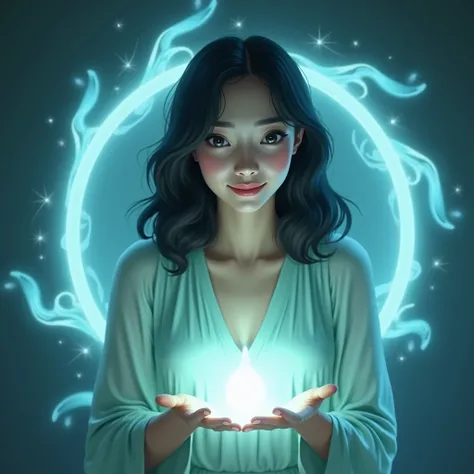 38-year-old Latin woman with medium black hair,  round face, big mouth , smiling gently, light green dress with light blue light coming out of her hands and a circle of blue z light surrounding her