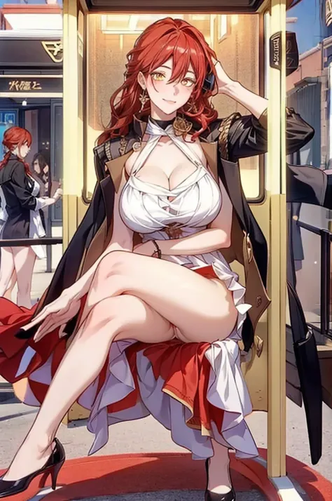  top quality, high image quality, Official Art,nsfw:2.0,(big breast:1.5),( 1girl :2.0),  adult woman,yellow eyes, red hair, long hair, white dress, golden rose on neck, single earring,smile, captivating look,( open both legs:1.5), sitting on the sofa :1.3,...