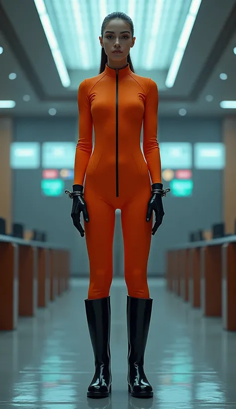 A French girl with ponytail haircut handcuffed  in futuristic trial court. She's wearing an orange zipped jumpsuit, long black latex gloves and black Hunter rubber boots. fullbody veiw