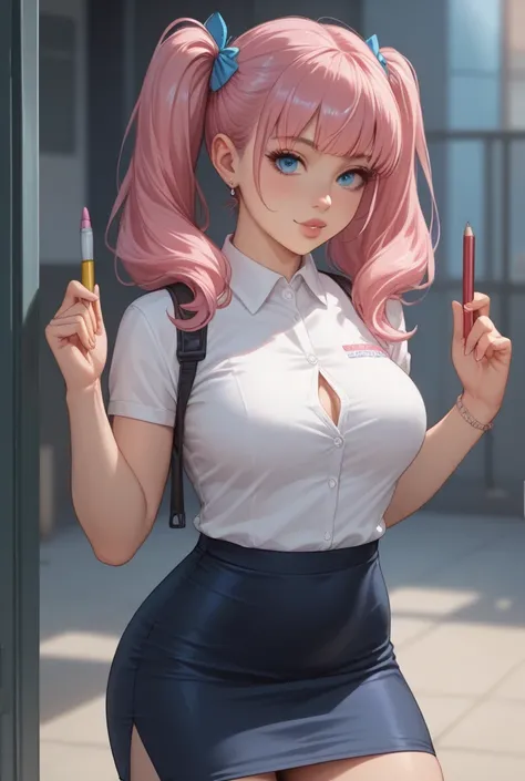 #anime #detailed #1girl #breasts #curvy #tight_shirt #pencil_skirt #pleading_pose #hands_together #pink_hair #blue_eyes #twin_tails #soft_shading #tight_clothing #form-fitting #snug_fit #exaggerated_curves
