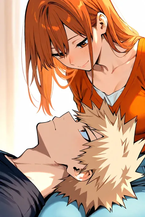 bakugo katsuki, girl with long auburn hair, couple, cute, lap pillow