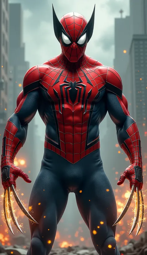 A stunning, highly detailed digital painting of a hybrid superhero combining elements of Spider-Man and Wolverine, standing in an epic movie poster-style composition. The character has Spider-Man's sleek, web-patterned suit, but with Wolverine's rugged, ba...