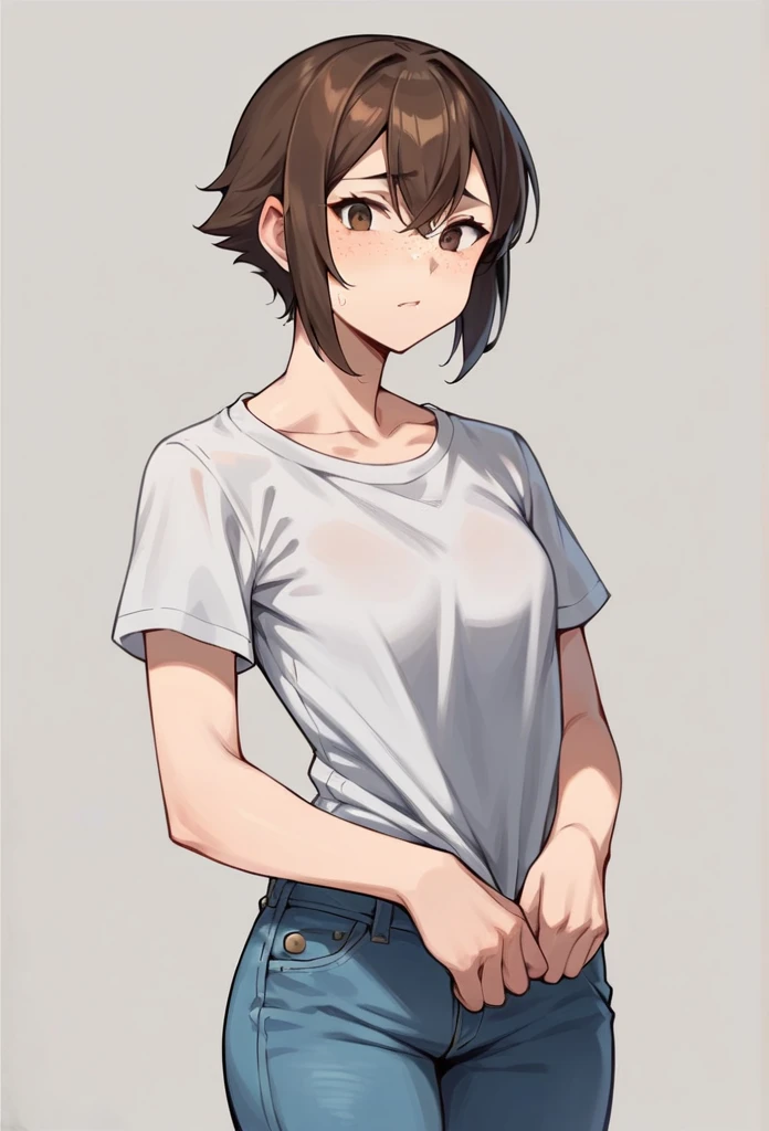 score_9, score_8_up, score_7_up, BREAK, score_9, 1girl, solo,  brown hair, medium straight hair, choppy bangs,dark brown eyes, freckles, grey t-shirt, small breasts,short sleeves, demi jeans, 5'4"(164cm) Height, looking at viewer, cowboy shot,standing stra...