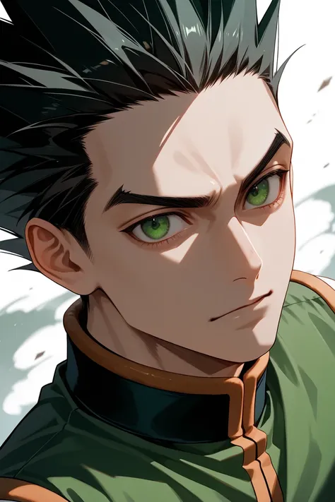 "masterpiece, best quality, 2.5D, realistic, 1boy, Gon, Hunter X Hunter, 1boy, blackhair, greeneyes, spiky_hair."

