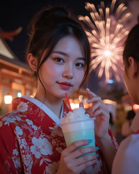 Cute girl、she、((Shaved Ice))、((yukata))、 fireworks display、Summer Festival、night、Fireworks can be seen from the dark shrine grounds、 Fantastic、20 years old、woman, cute、super detailed,(((realistic, photo realistic, photo-realistic:1.37))), high definition ,...