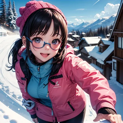 Ski resort、 cute girl、 pink Cute Ski Wear 、 black hair、 ponytail、she is skiing down the steep hill very well、Knitted hat and goggles、