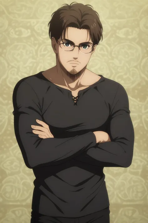 man with long, straight hair , brown tone,  that falls to her shoulders .  He wears thin-framed glasses and has a serious and reflective expression .  His face is framed by a lumberjack beard ,  but without being too long . The character has a long sleeve ...