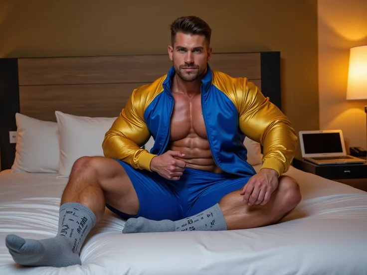 full body photo of a Personal Trainer & Fitness Model Muscular fluxbodybuilder build with well-defined abs, over-inflated shoulders & pecs; short stylish brown hair; intense piercing eyes; tall & imposing. wearing Clothing a vibrant blue & gold bomber jack...