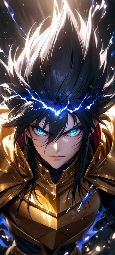  High quality, ultra realistic,absurdres, highres, ultra detailed, HDR, masterpiece, extremely detailed face and eyes, El Cid, Saint Seiya: The Lost Canvas, Gold Armor, solo, ,man, handsome, ,white eyeleshes, blue eyes , villain expresion, black splashing ...