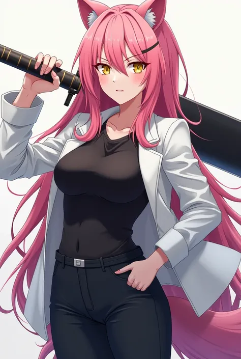 ( superior quality ,  official art ,  full body,  Beautiful and aesthetic:1.2)  a werewolf girl anime,  Clear skin,  pink hair,  golden eyes, white jacket,  black t-shirt,  black pants, serious and cold expression, brandishing a heavy sword .
