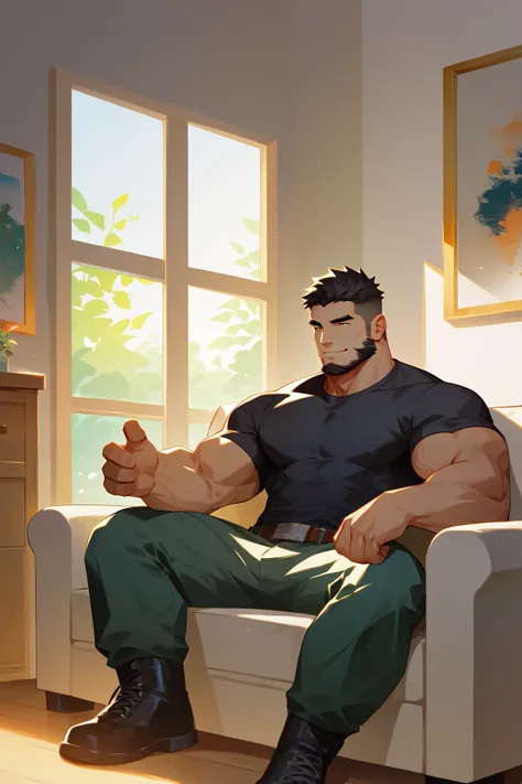 by zelo-lee,male focus,bara,foreshortening,black hair,short hair,facial hair, beard,undercut,muscular male,muscular,black shirt,pectorals,black t-shirt,pants,green pants,cargo pants,large pectorals,smile,1boy,solo,beard,black hair,sitting,mature male,indoo...