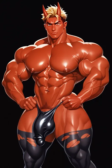 Man, muscular man, oni man, oni japanese demon, red skin color, red color ascending horns, hunk, blond hair, really short hair man, man wearing a black thong, man wearing black nylon thigh highs, torn thigh highs, only one man, only man, solid color black ...