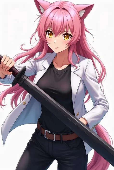 ( superior quality ,  official art ,  full body,  Beautiful and aesthetic:1.2)  a werewolf girl anime,  Clear skin,  pink hair,  golden eyes, white jacket,  black t-shirt,  black pants, serious and cold expression, brandishing a heavy sword .
