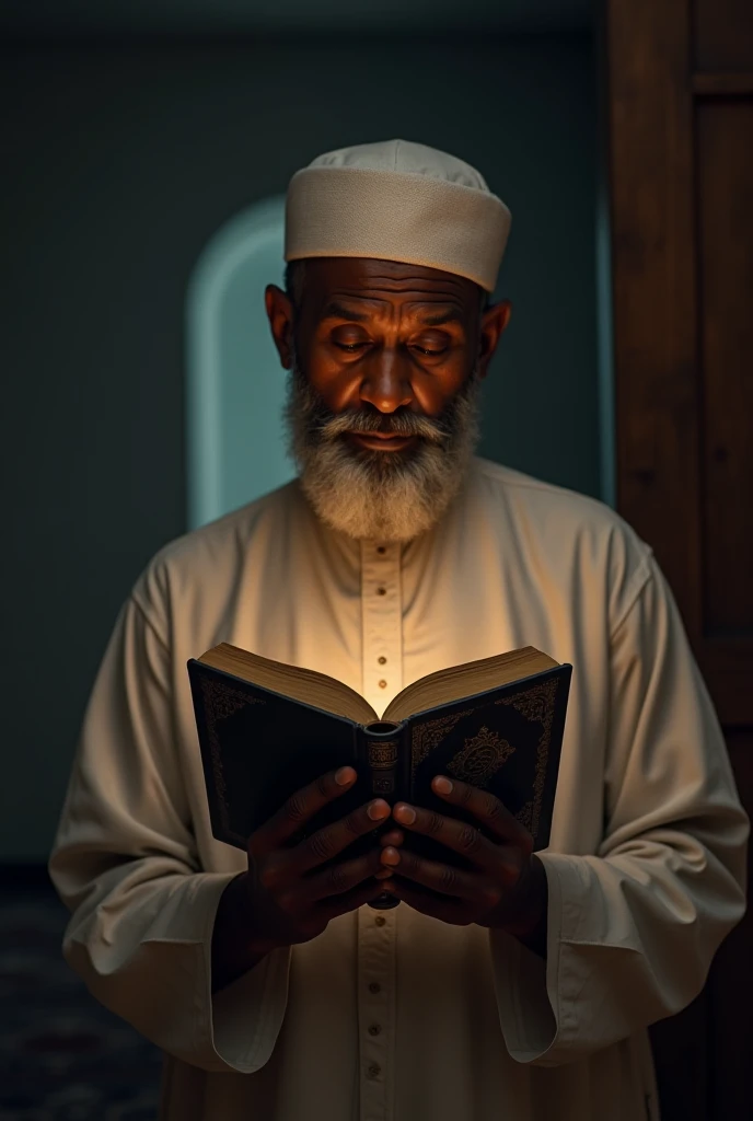 A black Muslim man holding the Koran 