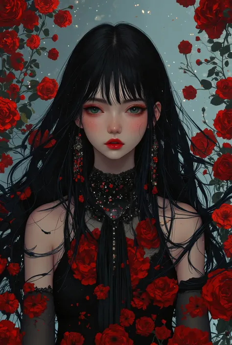 Masterpiece:1.2),( best quality ),( very detailed),( best illustrations),8k,,16k,wallpaper, beautiful woman with sweat on her face, gothic fashion ,whole body,(I'm taking a walk along the road where countless black roses bloomed:2.0), vector art,( upper bo...