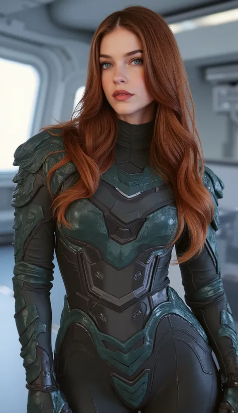 1woman, red hair, age 21, no make-up, wearing sci-fi futuristic military armor, fit and slim body, very detailed skin texture, dynamic pose, sci fi indoors, sci fi themed artwork