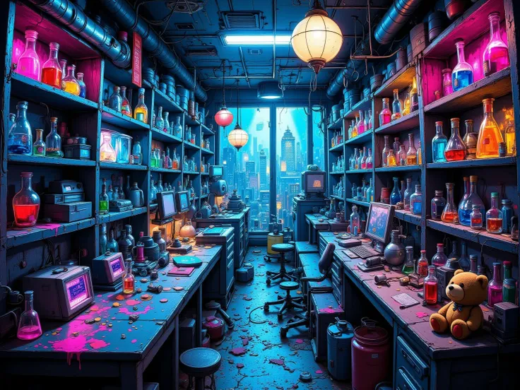 A wide-angle shot of a secret cyberpunk laboratory, featuring a futuristic lab illuminated by eerie neon lighting. Shelves lined with test tubes and flasks containing colorful, a small teddy bear on the edge of the desk,glowing liquids. A cluttered lab tab...