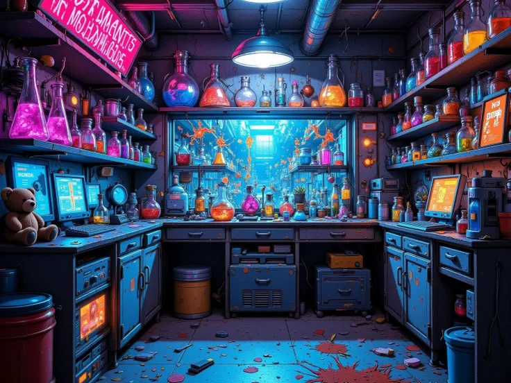 A wide-angle shot of a secret cyberpunk laboratory, featuring a futuristic lab illuminated by eerie neon lighting. Shelves lined with test tubes and flasks containing colorful, a small teddy bear on the edge of the desk,glowing liquids. A cluttered lab tab...