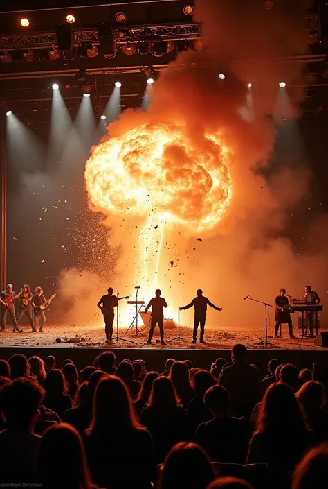 Realistic photo taken from a telephone while a bomb explodes during a musical performance on a stage