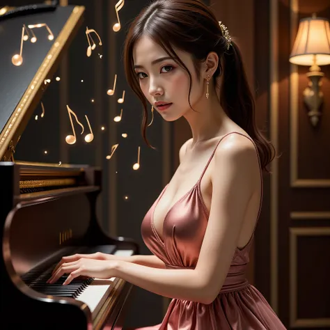 A female musician wearing a beautiful silk dress gently playing the piano, beautiful detailed eyes, beautiful detailed lips, playing the piano with slow and graceful movements, highly detailed eyes and face, long eyelashes, delicate fingers, musical notes,...