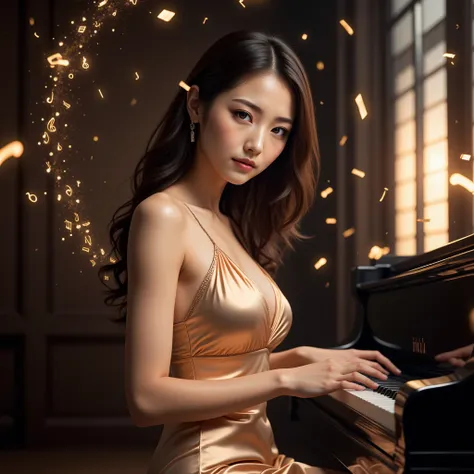 A female musician wearing a beautiful silk dress gently playing the piano, beautiful detailed eyes, beautiful detailed lips, playing the piano with slow and graceful movements, highly detailed eyes and face, long eyelashes, delicate fingers, musical notes,...