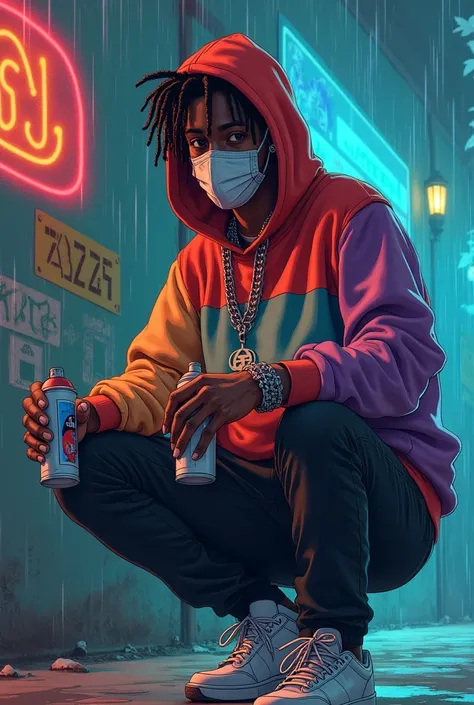 I want a young man, negro, com dreads, wearing a hood, a flat face mask, with a colorful sweatshirt, black pants and white sneakers, holding two paint spray cans,  with a silver cord around the neck and an earring on the right ear, In the background I want...