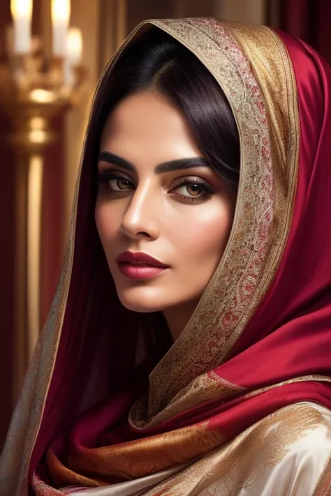 style-colour-magic, raw photo (masterpiece), (((masterpiece))), (((best quality))), ((ultra-detailed)), a portrait of a persian woman wearing a liquid shawl (character focus)  extreme detailed, highest detailed, bed with silk royal sexy rainbow colour beds...