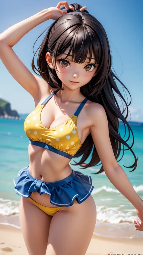 1_girl, av idol. 25-years-old korean girl. slender and medium breast. brown eyes. short black hair and bangs in the front. Wearing a bright, cheerful swimsuit, such as yellow or a playful pattern that enhances her sunny disposition, 3D Render Style, Sandy ...