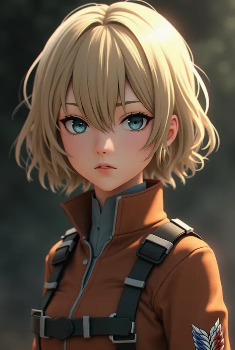 You can create a girl character from Attack on Titan with short wavy light blonde hair with dark blue eyes with a serious expression wearing the Legion of Exploration uniform 