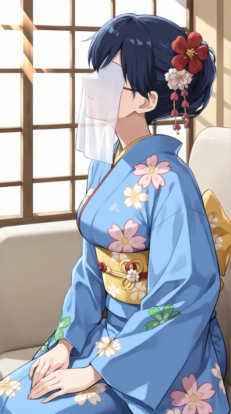 score_9,score_8_up,score_7_up, Anime-style character, source_anime, beautiful color amazing quality, backlighting, light rays, 1girl, solo, lonely, 30-year-old, Pretty Face, cute, beautiful, A pale anime mature woman, (blue kimono, print kimono, floral pri...