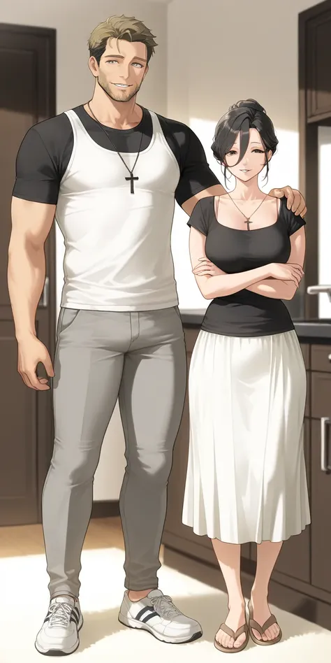 mature male, husband, dark blonde hair, short spiky hair, handsome, tall body, black t-shirt, dark grey long pants, brown color flip flops, parted lips, smile, standing behind, holding shoulders, mature female, housewife, Black hair, hair between eyes, chi...