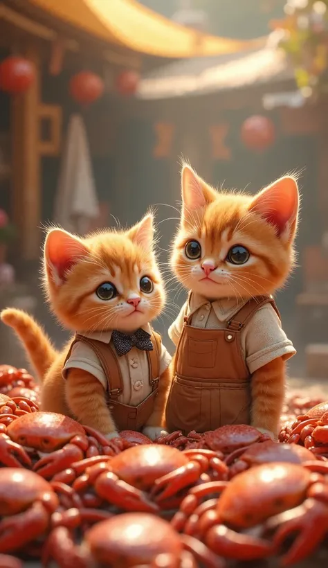 kitten (kitten cat orange  , cute, dressed with school unifrom) and mother cat (dressed with apron), in front of him there are many crabs that are again on sale