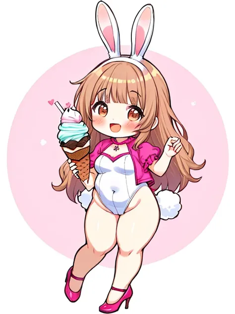 Young girl， chibi, chubby ， obesity，Bunny ears，Turned up leotard，Insanely， full body shot    ， ice cream，milk，smile，Full of happiness， changing clothes，hard core💕発情💕💕 💕💕💕💕👠💋🍑🍑🍑🥃