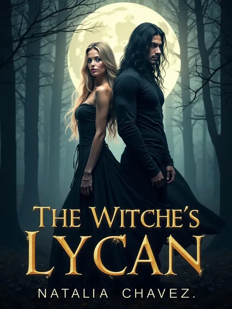 create the cover of my book The Witches Lycan, A beautiful and mysterious woman with long flowing light blond hair , blue eyes, and a beautiful, muscular man with very long black hair in all black standing in the background also mysterious, there is a huge...