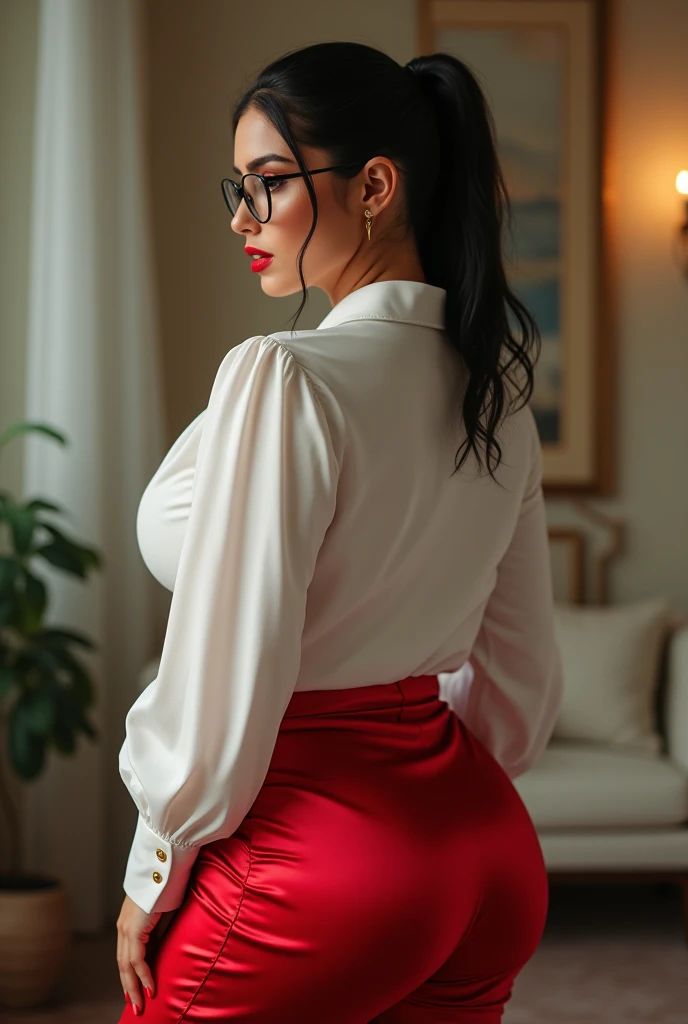 woman big ass,  voluptuous,  thin,  whole body, profile, red satin pants,  white blouse,  Black hair, glasses,  tied hair.