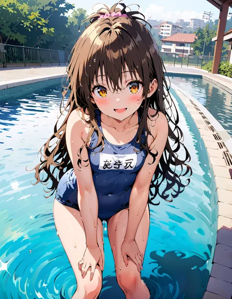 to follow, Yuki mandarin orange, Alone, brown eyes,  brown hair,  hair scrunchy,  long hair,  pink scrunchies, scrunchie , smile,blush, open your mouth, long hair,  tan, school swimsuit,Bare legs, wet swimsuit , wet skin, wet hair, small tits, standing,who...