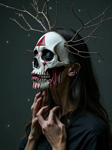 Female biomedical half skull half face painted with occult dark art, triangle and a dagger drawn on it, spilled with red fluid,barb wire and roots growing from it making wings,dark makeup tesrs,a woman holding it up to the stars,dark surrealism,dark realis...